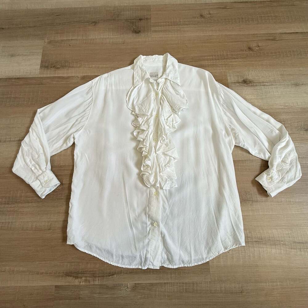 Moda International White Ruffle Front Blouse Size S Y2K Romantic Poet Shirt
